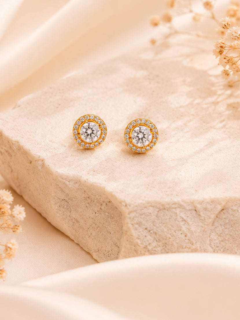 Halo Crystal Stud Earrings in 18K Gold Plating for Women