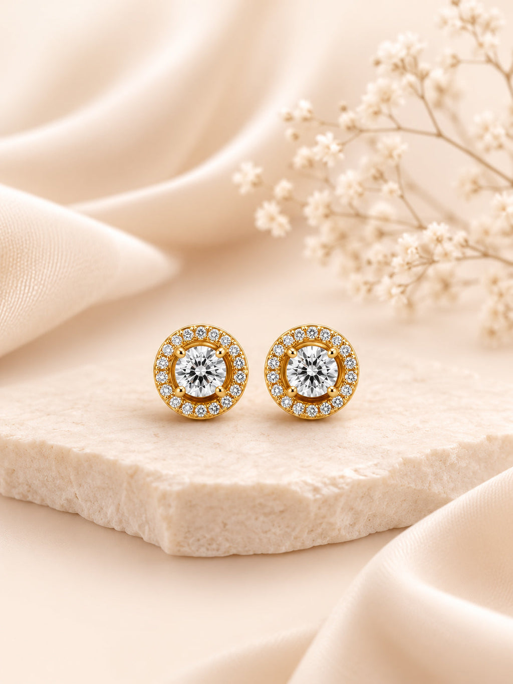 Tarnish-Resistant Halo Crystal Stud Earrings in 18K Gold Plating
