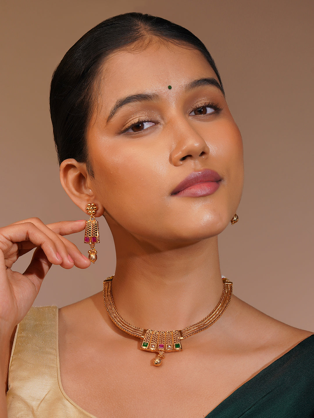 Aanura Gold Plated Layered Necklace & Earring Set