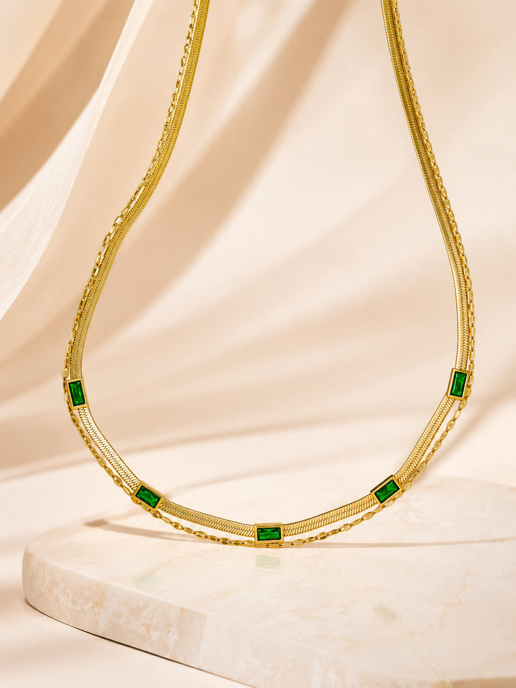 18K Gold Plated Green Stone Flat Chain Layered Necklace