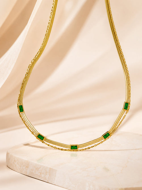 18K Gold Plated Green Stone Flat Chain Layered Necklace