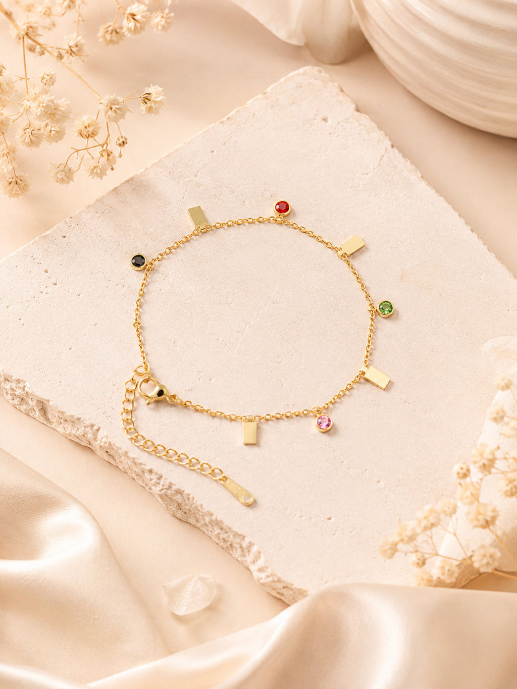 Stainless Steel 18K Gold Plated Multi-Stone Chain Charm Bracelet