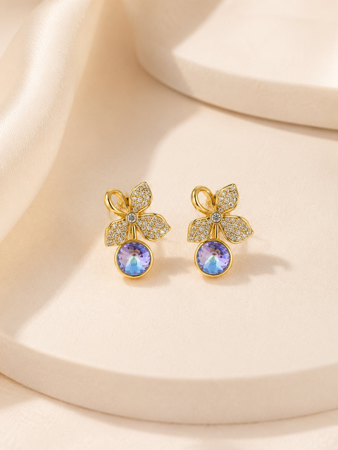 Floral Blue Crystal Drop Stud Earrings in 18K Gold Plating