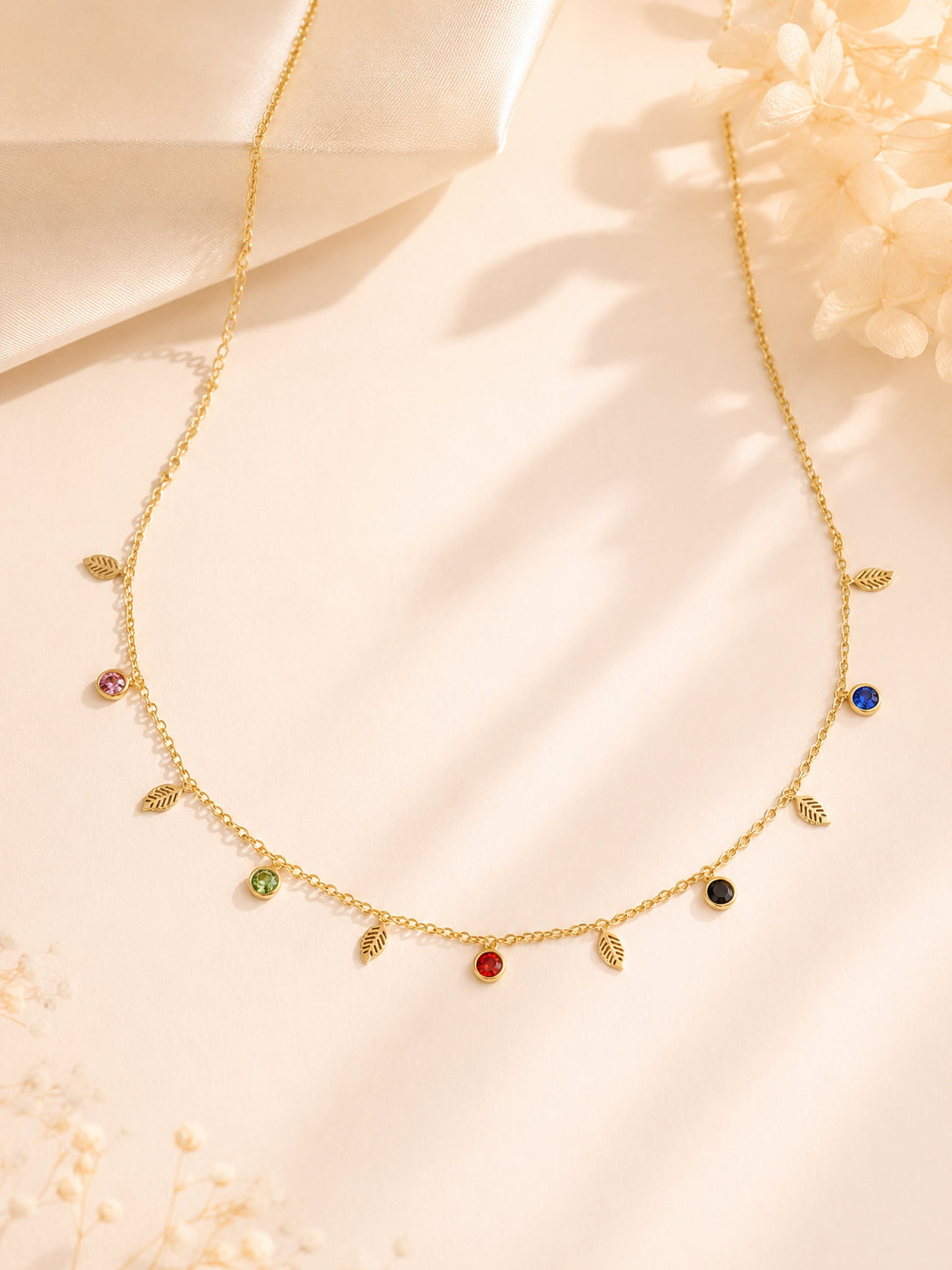 18K Gold Plated Leaf & Colour Stone Charm Necklace
