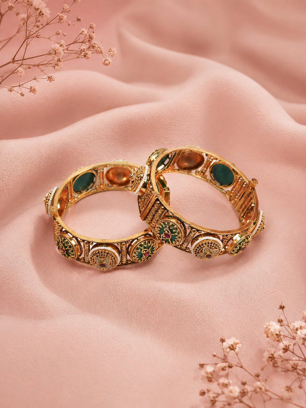 Aanura Gold Plated Antique Motif Stone Bangle