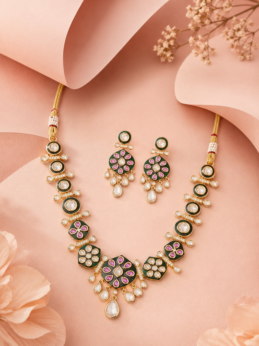 Aanura Purple Kundan Pendant Necklace & Earrings
