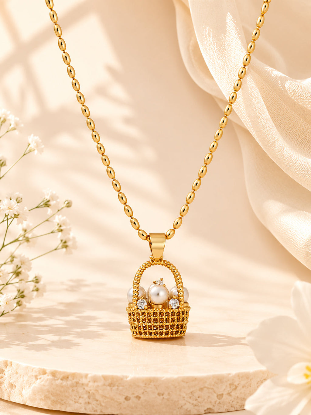 Oval-Link Pearl Basket Charm Necklace in 18K Gold Plating