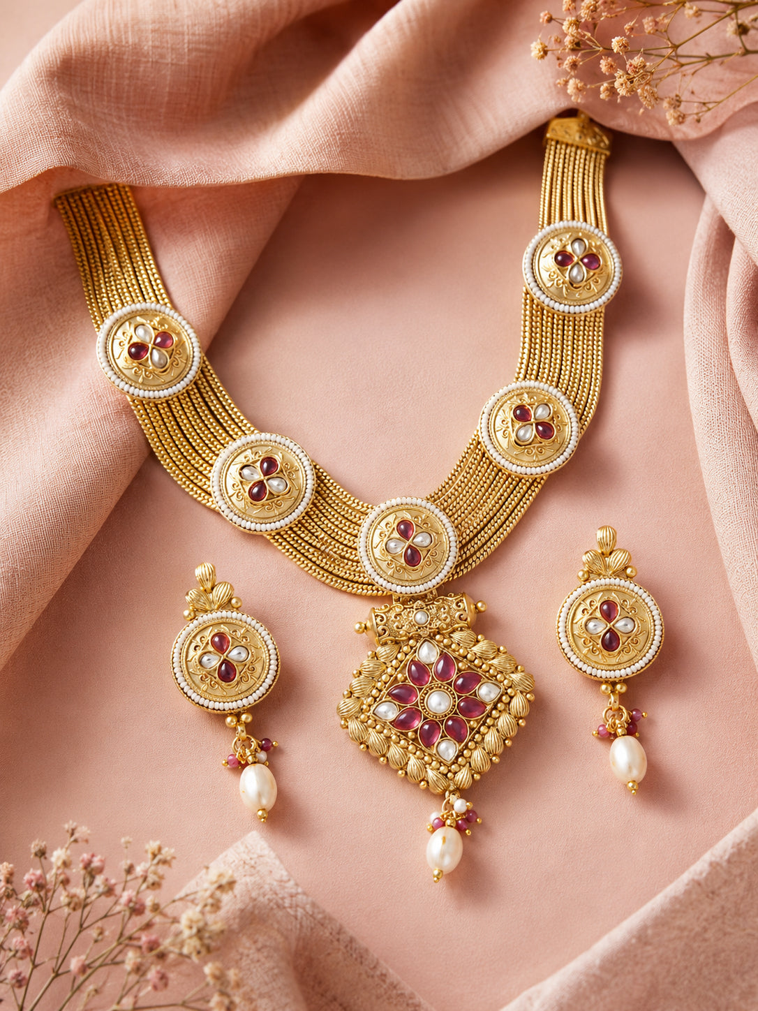 Aanura Antique Long Necklace with Ruby Pendant & Pearls