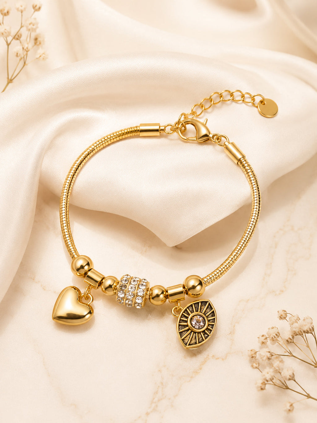 Aanura Gold Evil Eye & Heart Charm Bracelet