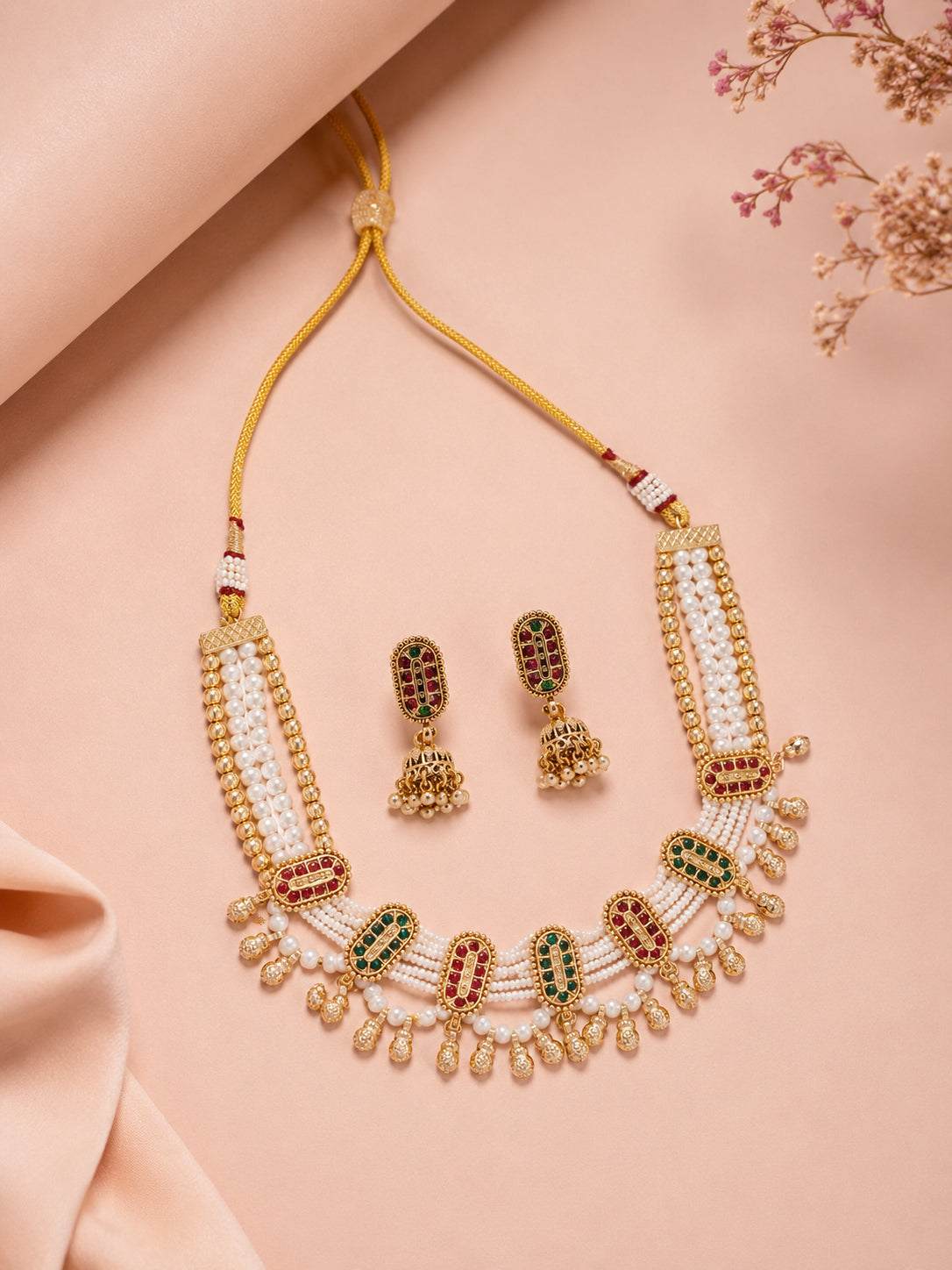 Aanura Multi-Strand Pearl Necklace with Kundan Earrings