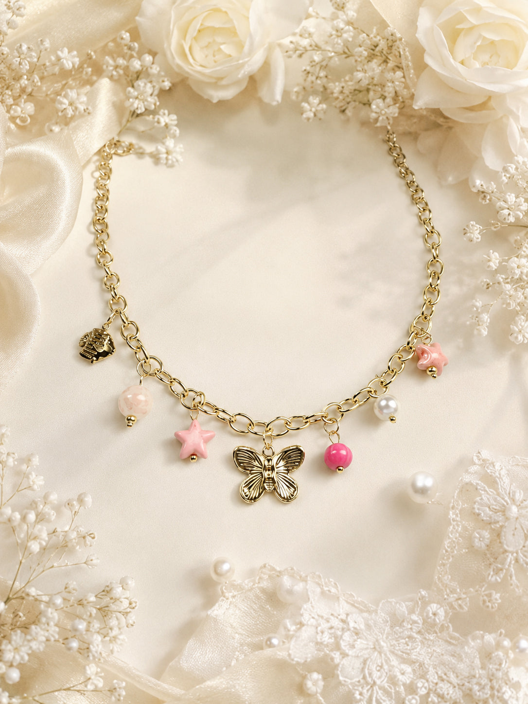 Aanura Gold Charm Necklace with Butterfly & Beads