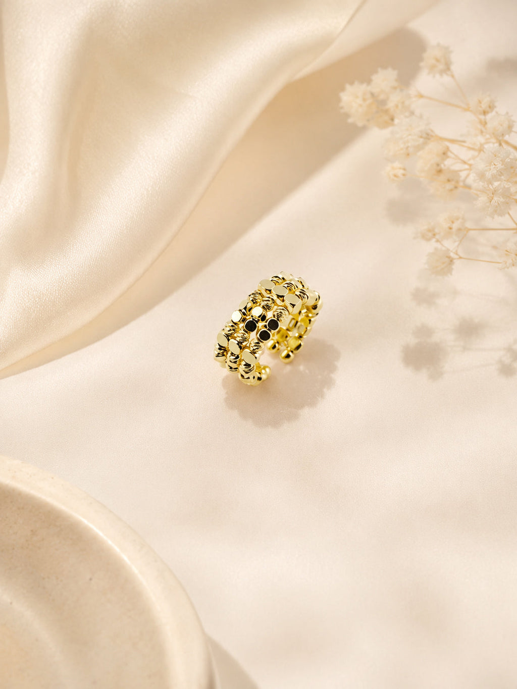 18K Gold Plated Layered Bead Open Band Ring