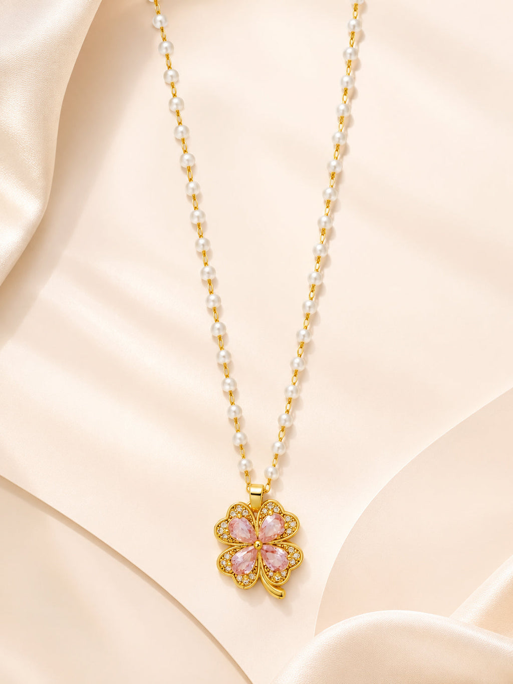 Pink Clover Pearl Necklace with 18K Gold Plating