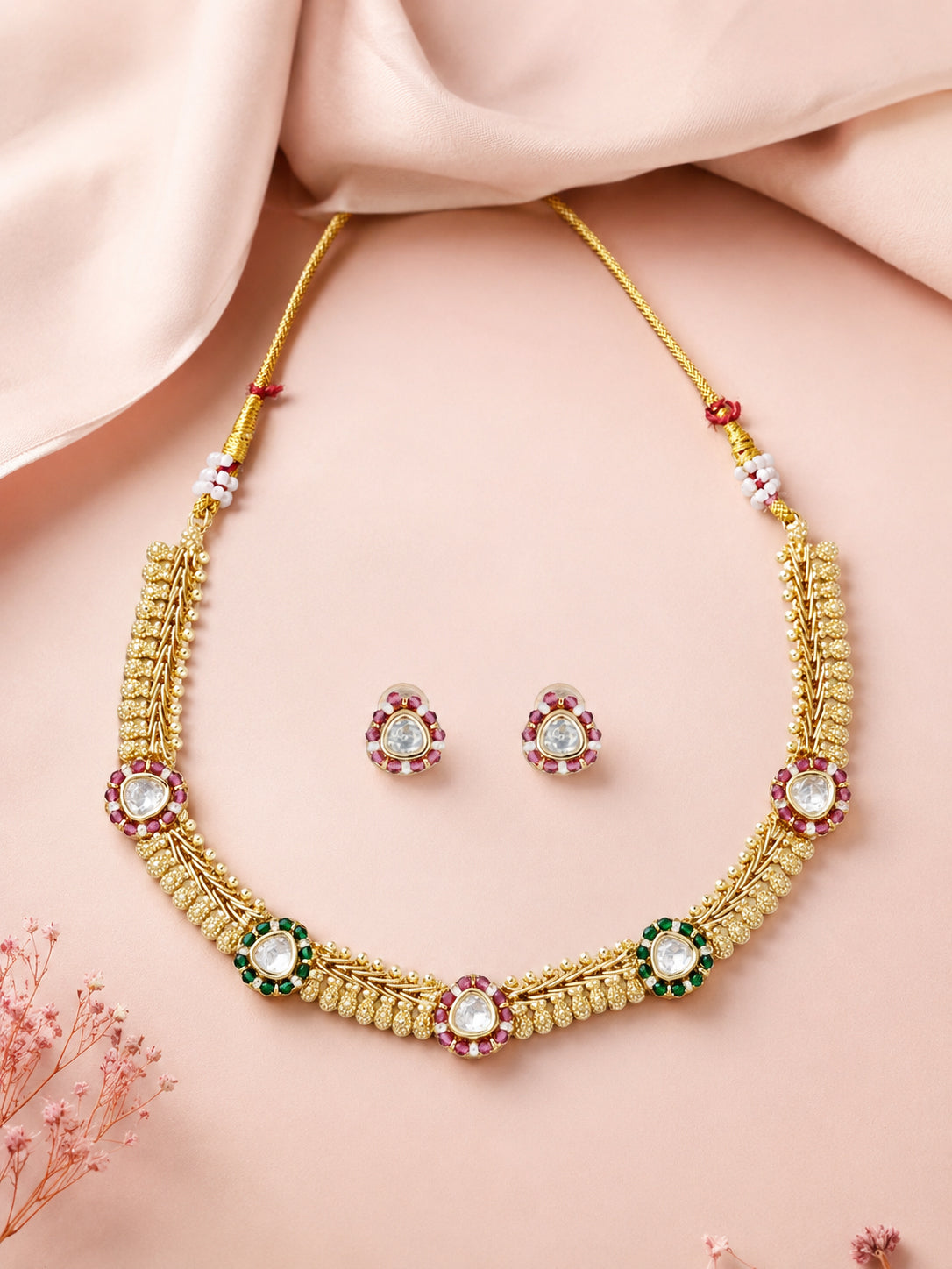 Aanura Delicate Floral Kundan Necklace Set with Earrings