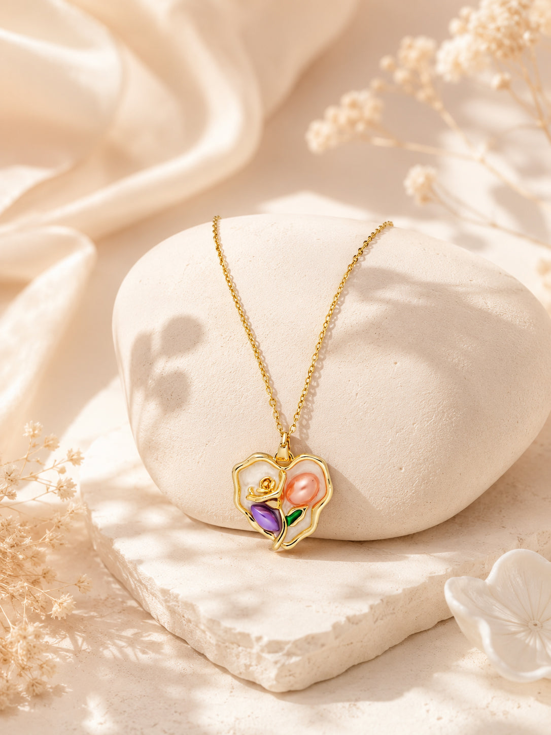 Floral Heart Charm Necklace in 18K Gold Plating