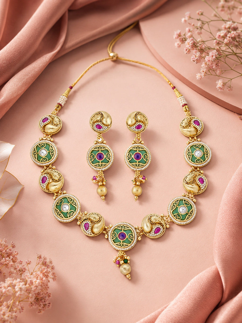 Aanura Circular Kundan Ruby Drop Necklace Set