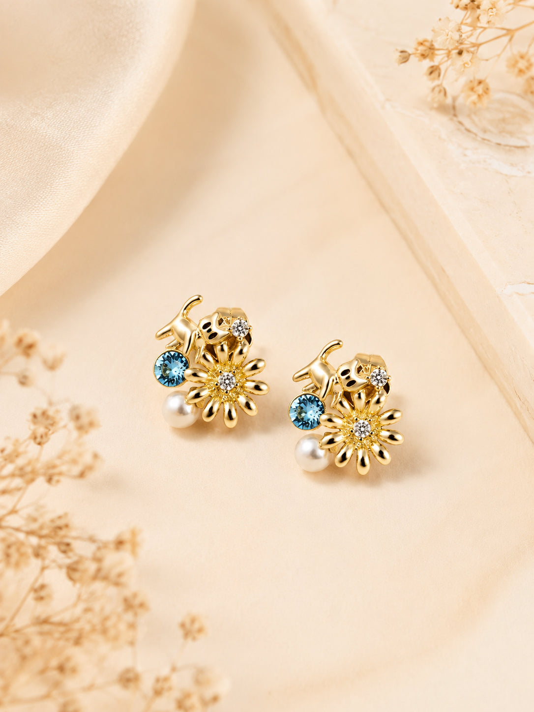 Water-Resistant Floral Pearl Stud Earrings in 18K Gold Plating