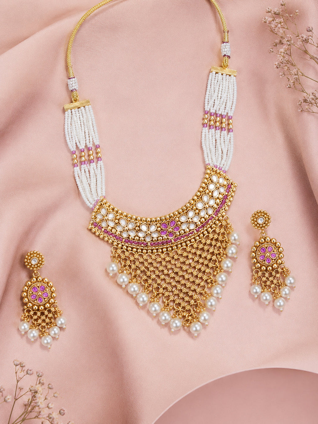 Aanura Pearl Bridal Choker Necklace with Ruby Motifs