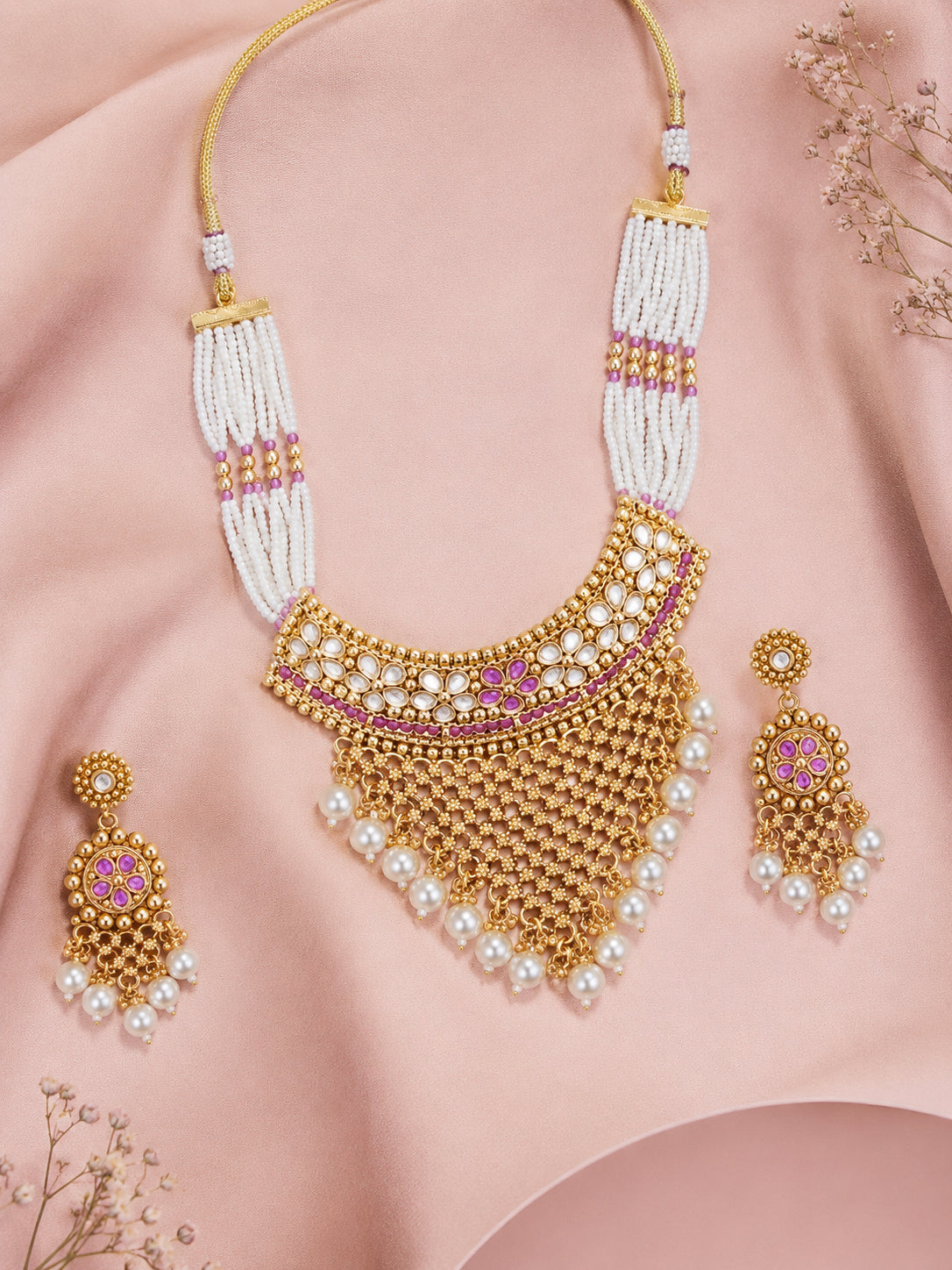 Aanura Pearl Bridal Choker Necklace with Ruby Motifs