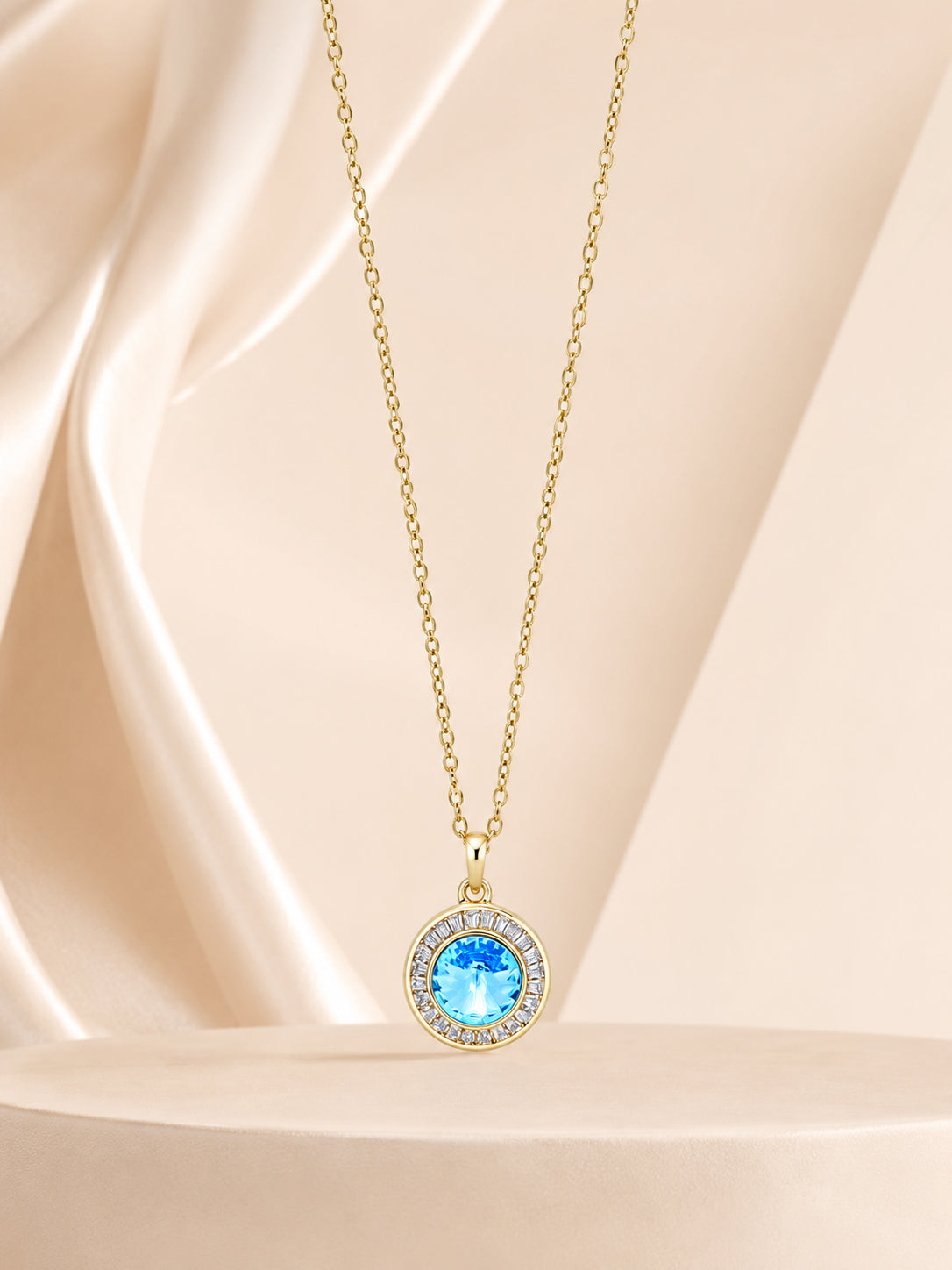 18K Gold Plated Sea Blue Halo Crystal Pendant Necklace