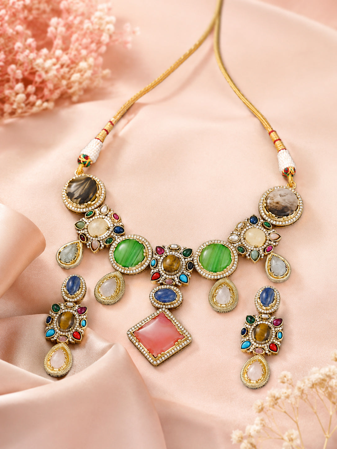 Aanura Navratna Statement Necklace with Multicolor Stones