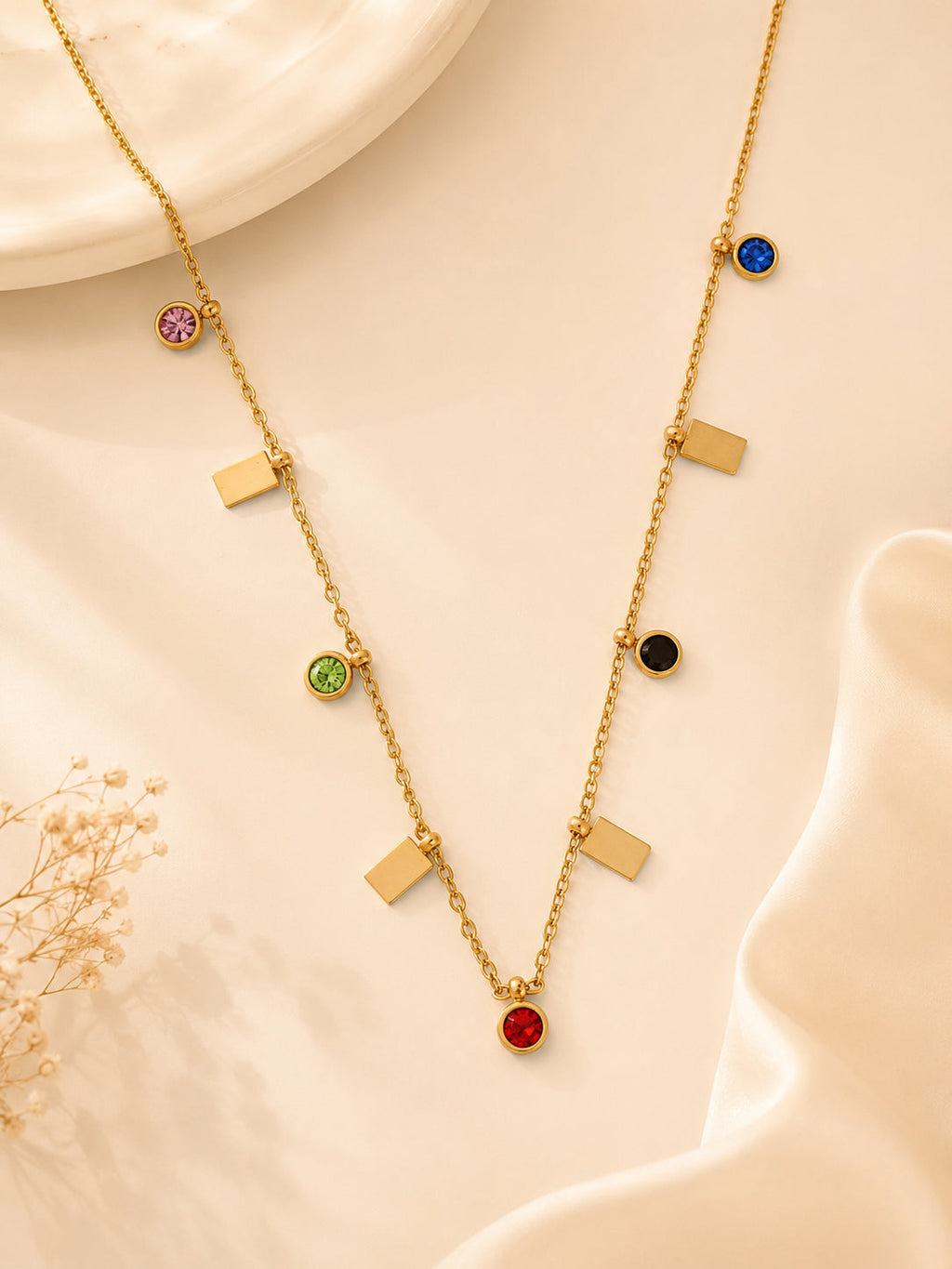 Multi-Colour Crystal Charm Necklace in 18K Gold Plating