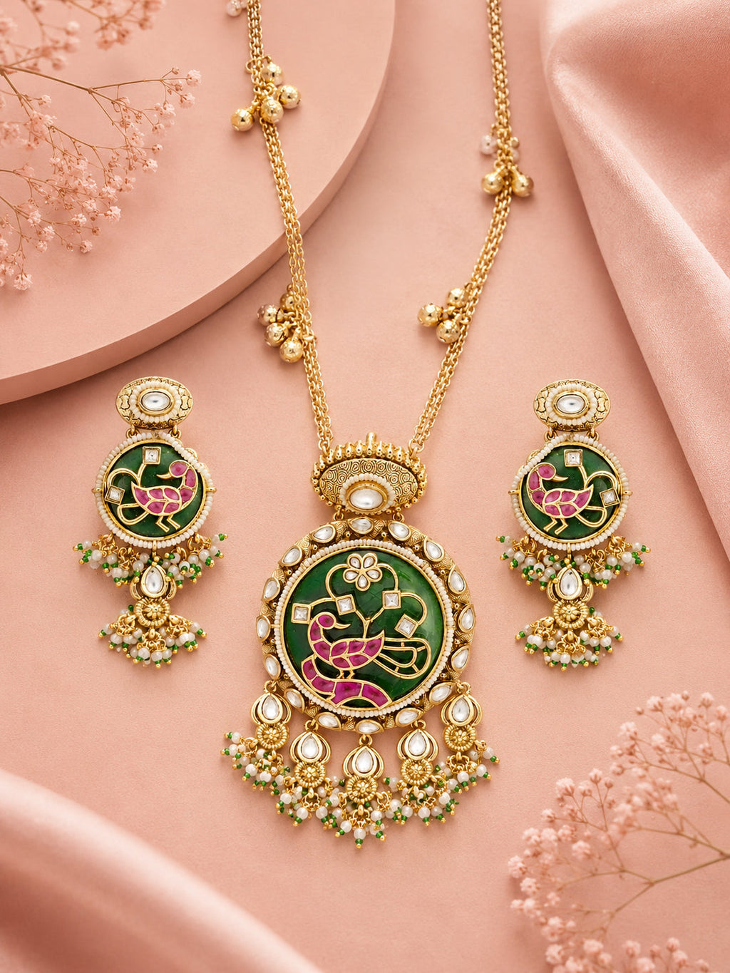 Aanura Peacock Motif Kundan Pendant Necklace Set