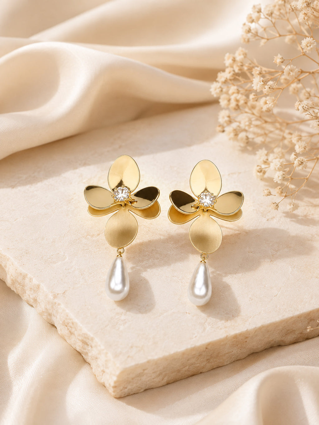 Aanura Pearl Drop Floral Gold Earrings