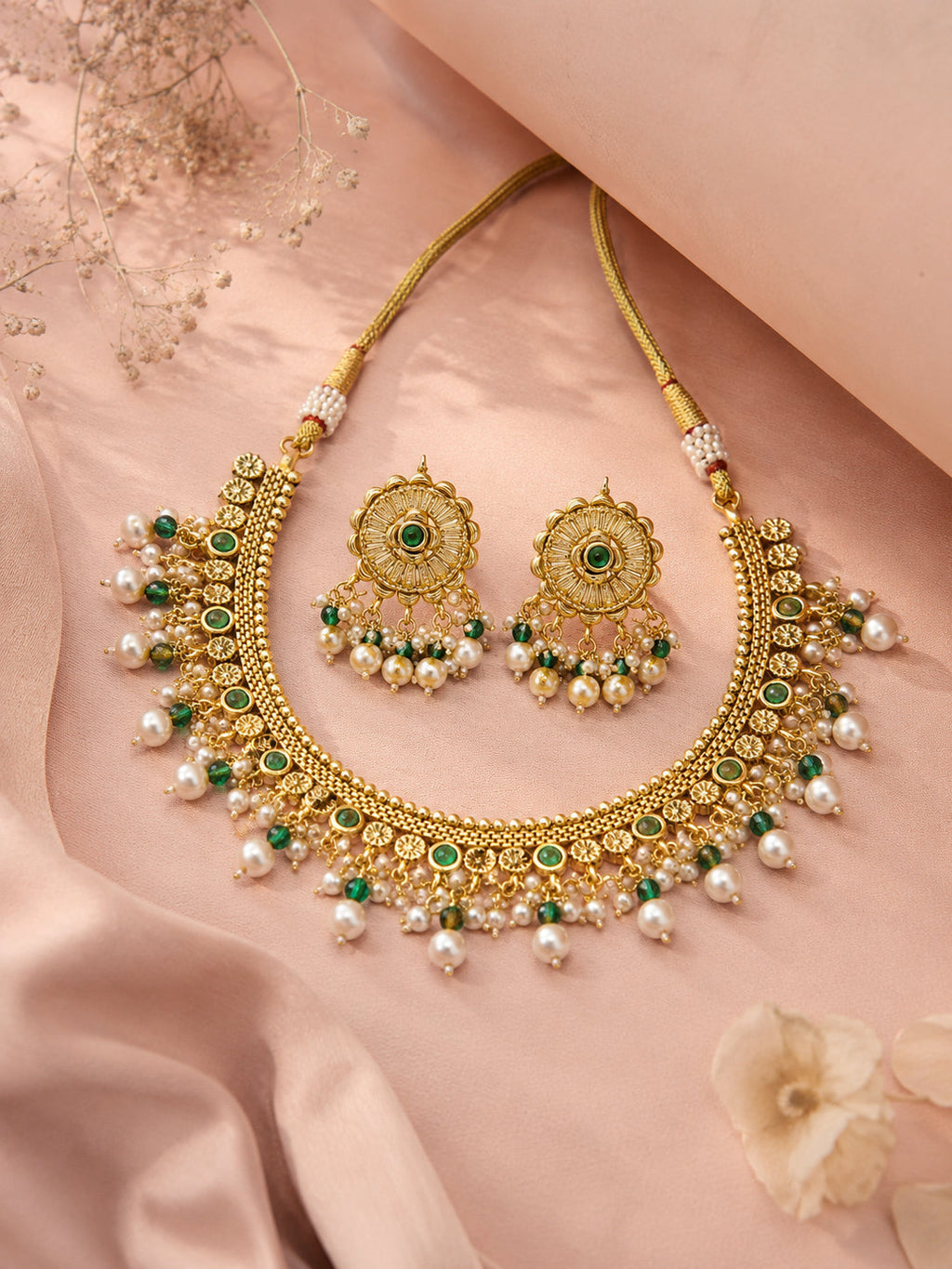 Aanura Gold-Plated Pearl & Green Stone Choker Set