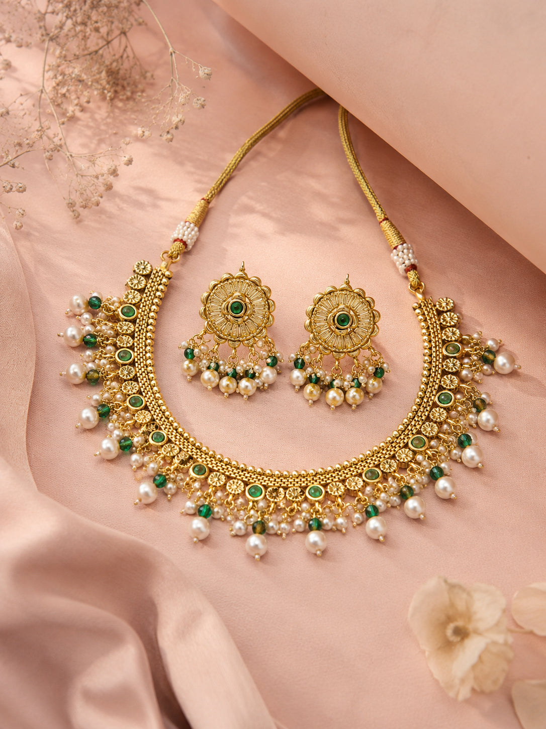 Aanura Gold-Plated Pearl & Green Stone Choker Set