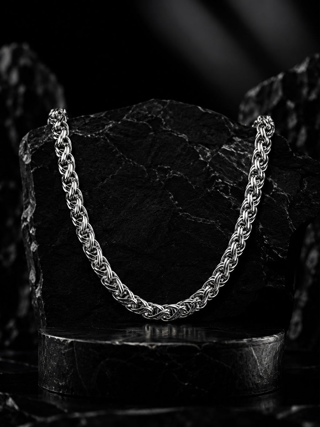 Silver Rhodium-Plated Byzantine Rope Waterproof Stainless Steel Chain Men