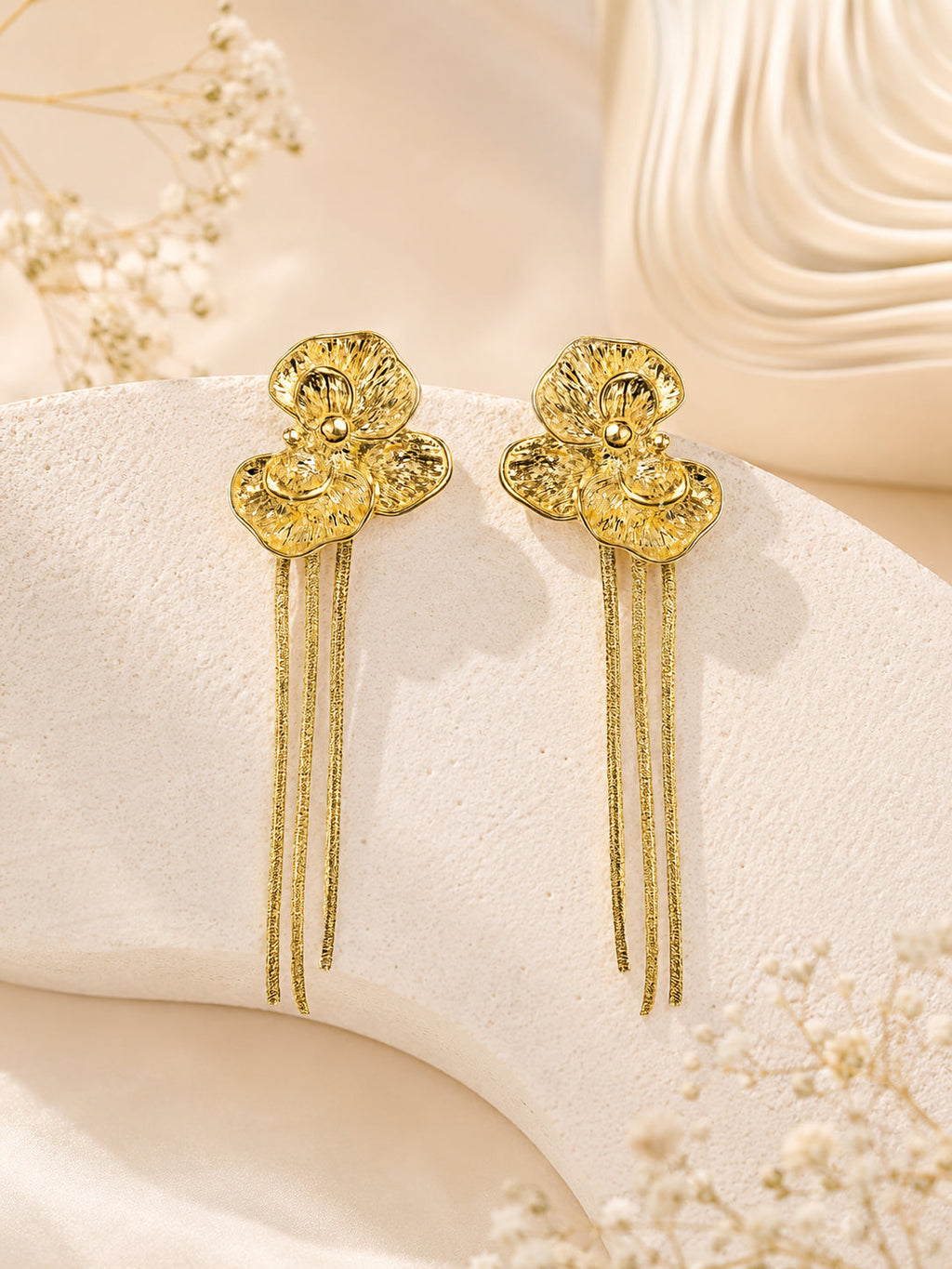 Aanura Golden Floral Tassel Earrings