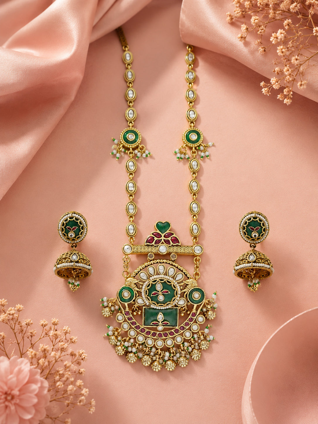Aanura Long Temple Necklace Set with Green & Red Stones