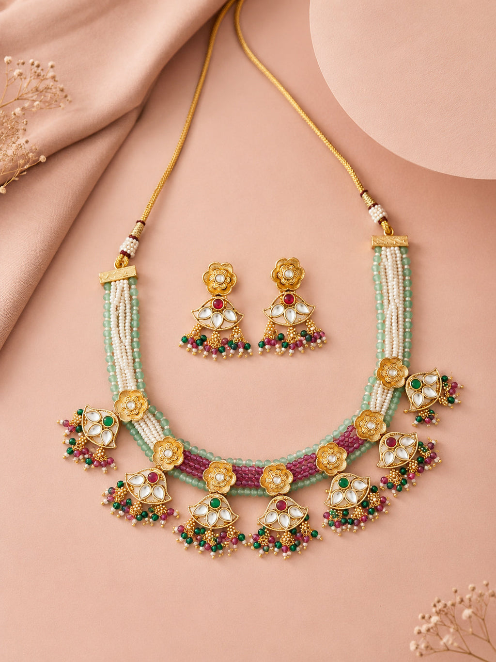 Aanura Floral Kundan Choker Necklace with Beaded Drops