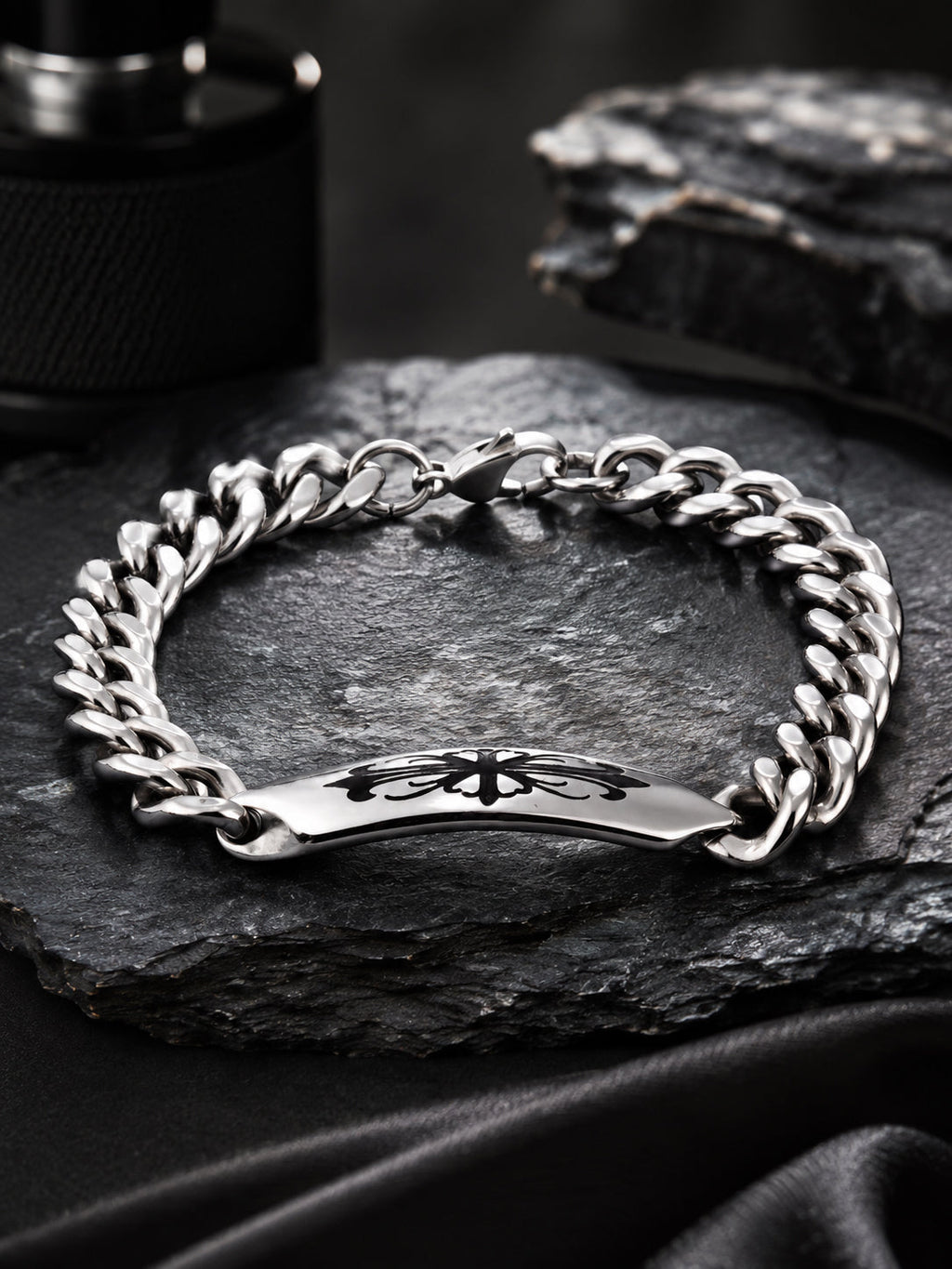 Silver Rhodium-Plated Shadow Link Waterproof Stainless Steel Bracelet for Men