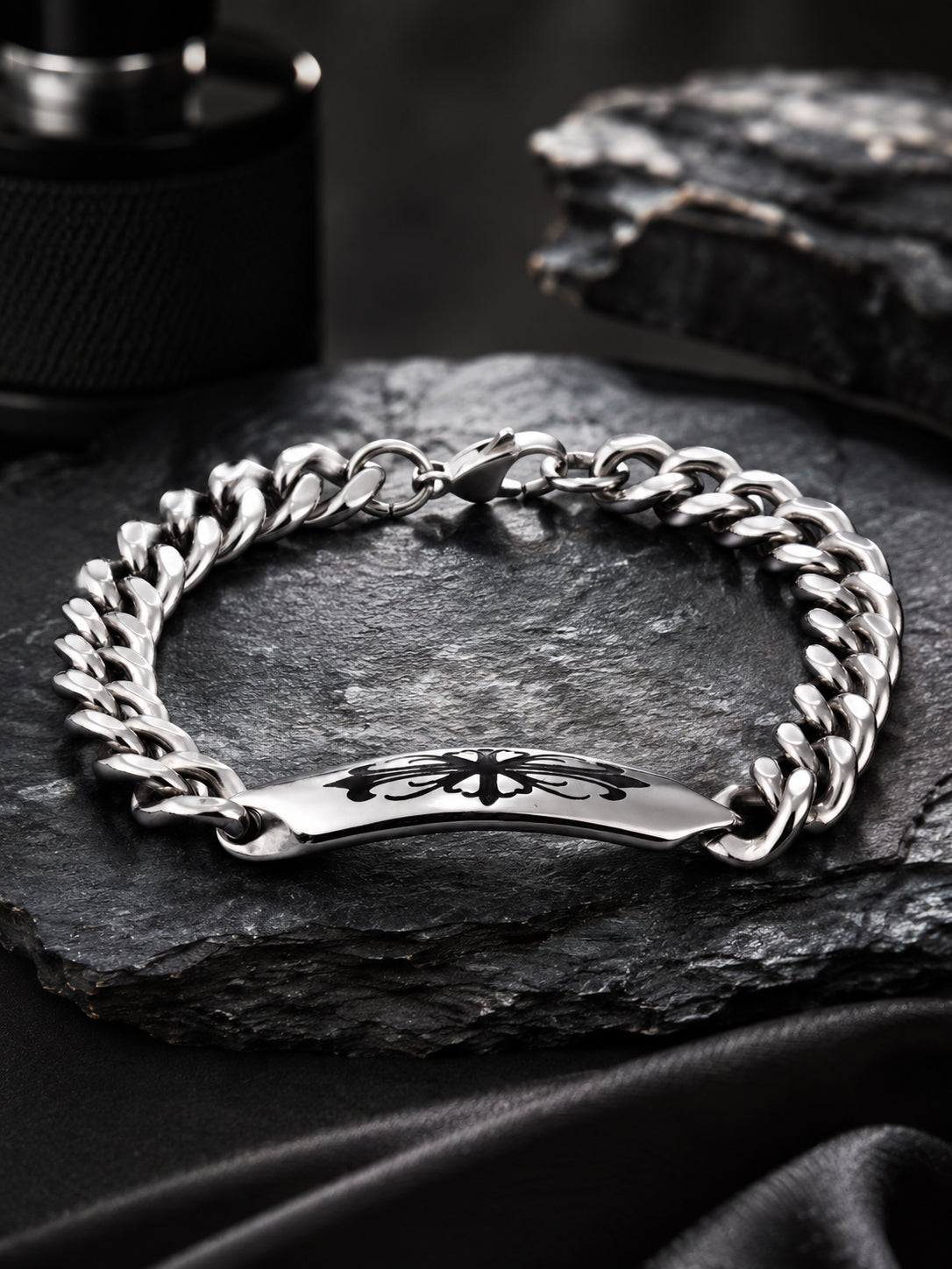 Silver Rhodium-Plated Shadow Link Waterproof Stainless Steel Bracelet for Men