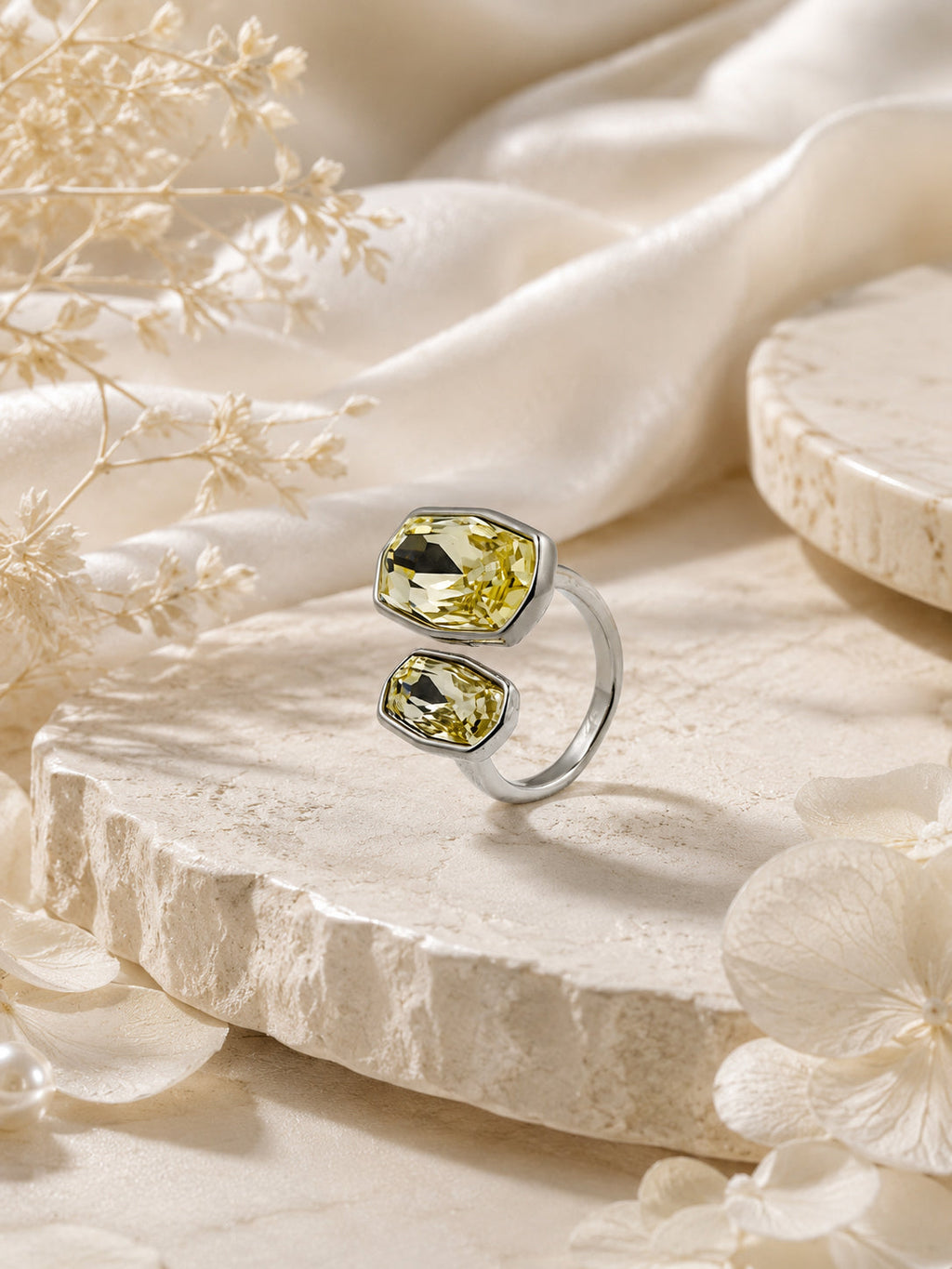 Rhodium Plated Yellow Double Crystal Open Ring