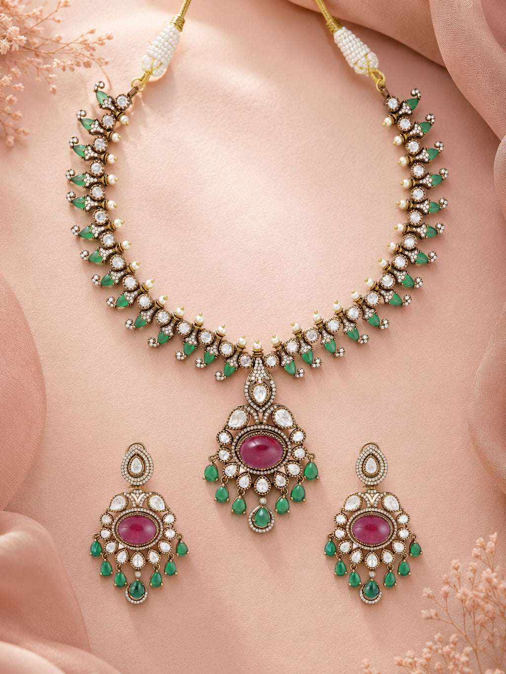 Aanura Royal Green Kundan Bridal Necklace with Earrings