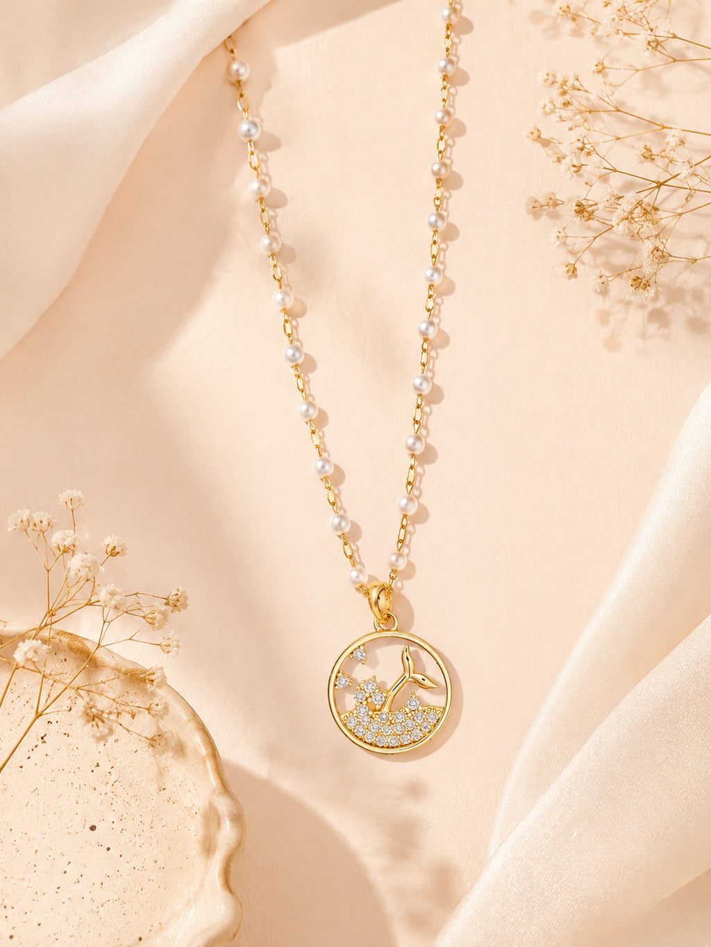 Pearl Bead Ocean Charm Necklace in 18K Gold Plating