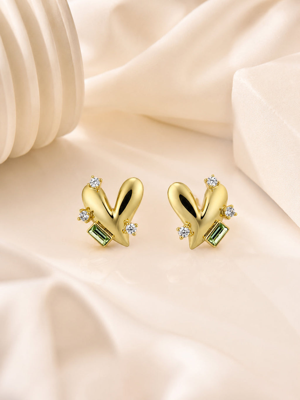 18K Gold Plated Green Baguette Heart Stud Earrings
