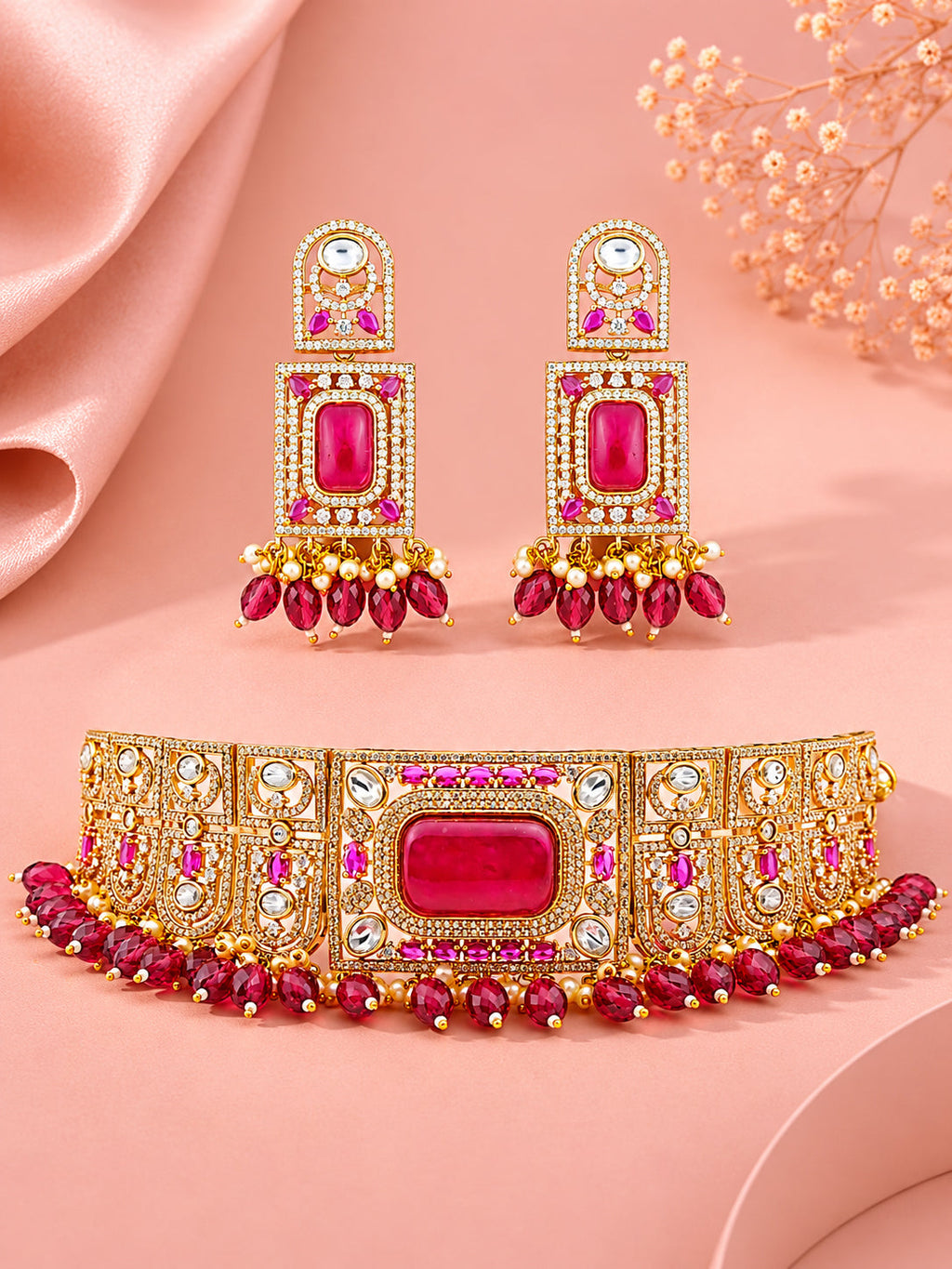 Aanura Red Stone Bridal Choker Set with Earrings