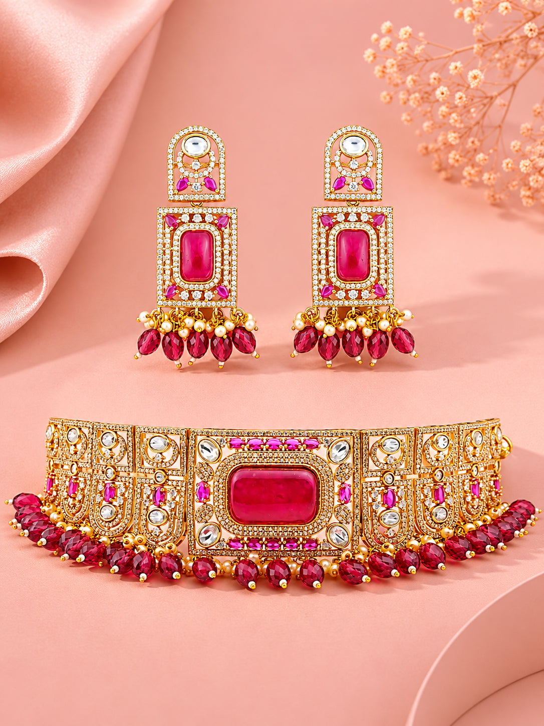 Aanura Red Stone Bridal Choker Set with Earrings
