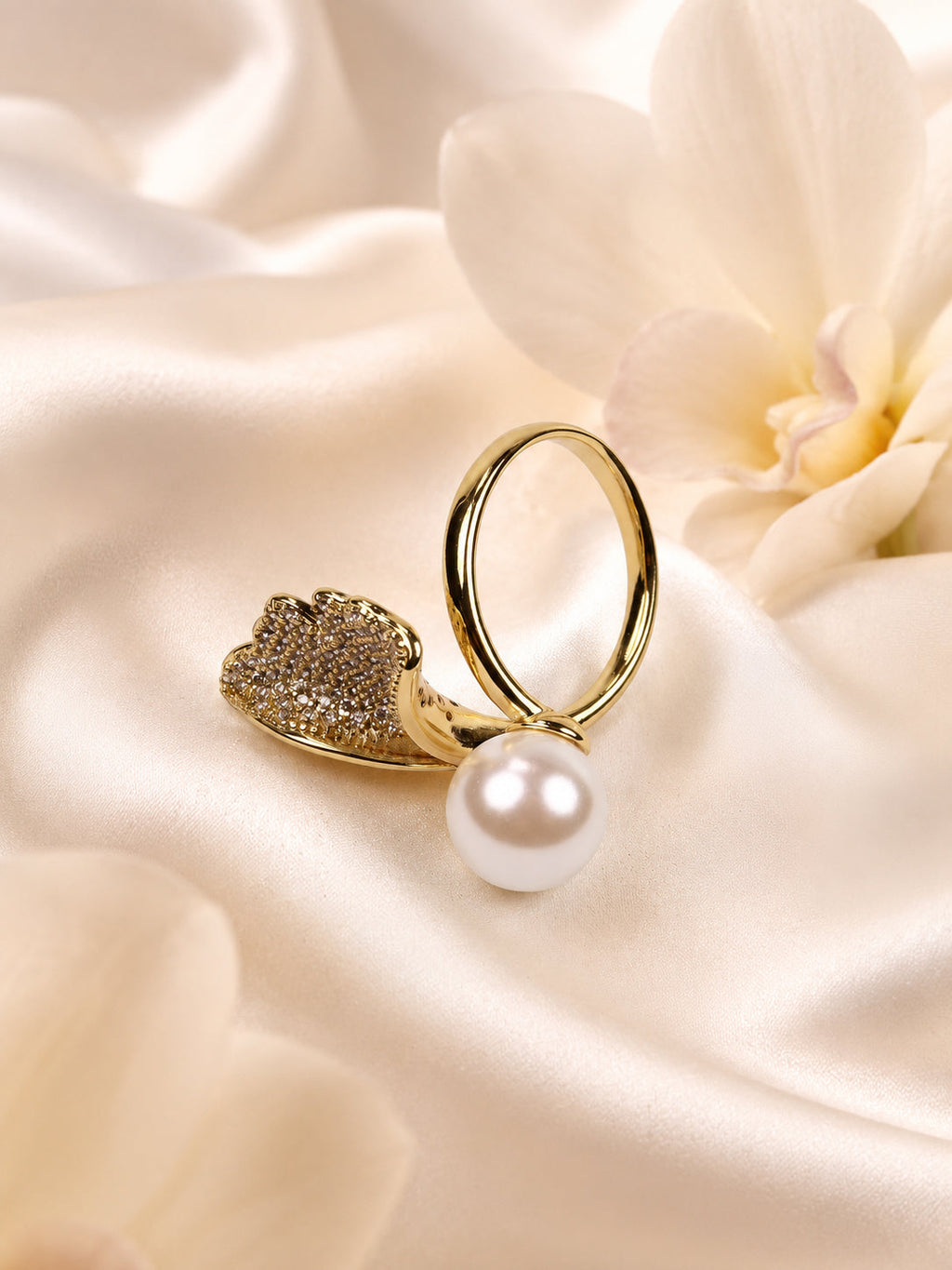 18K Gold-Plated Heart & Pearl Adjustable Ring – Anti-Tarnish, Waterproof