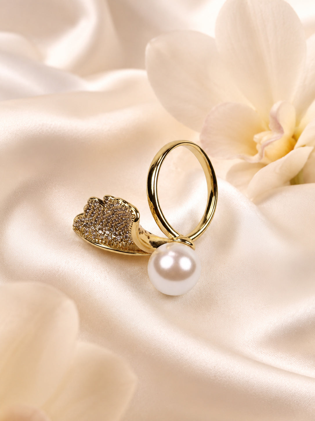 18K Gold-Plated Heart & Pearl Adjustable Ring – Anti-Tarnish, Waterproof