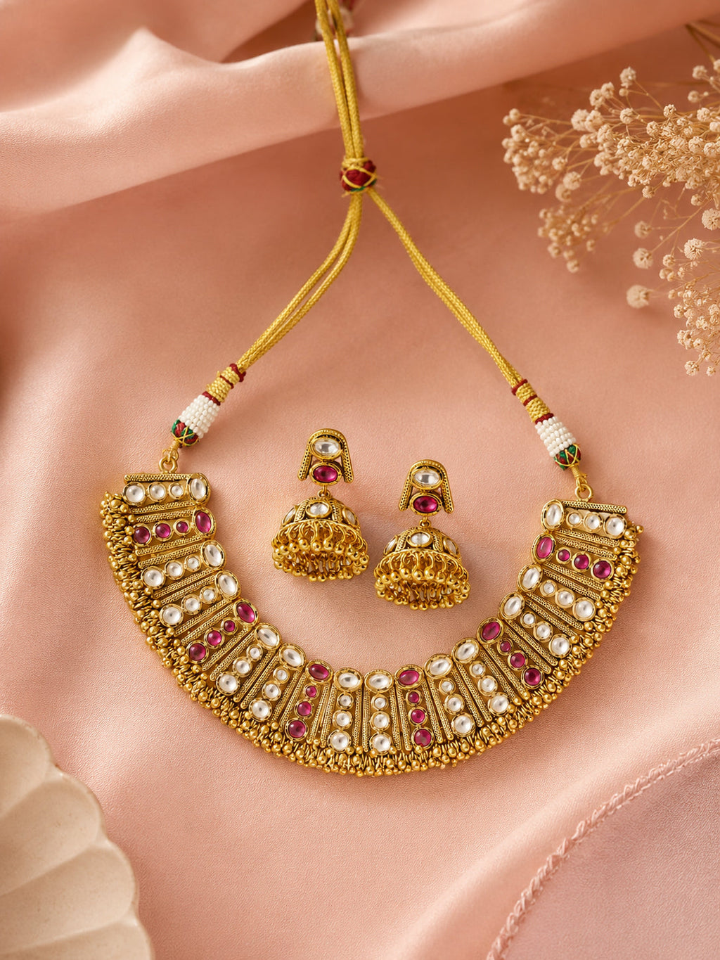 Aanura Antique Gold Ruby & White Stone Choker Set