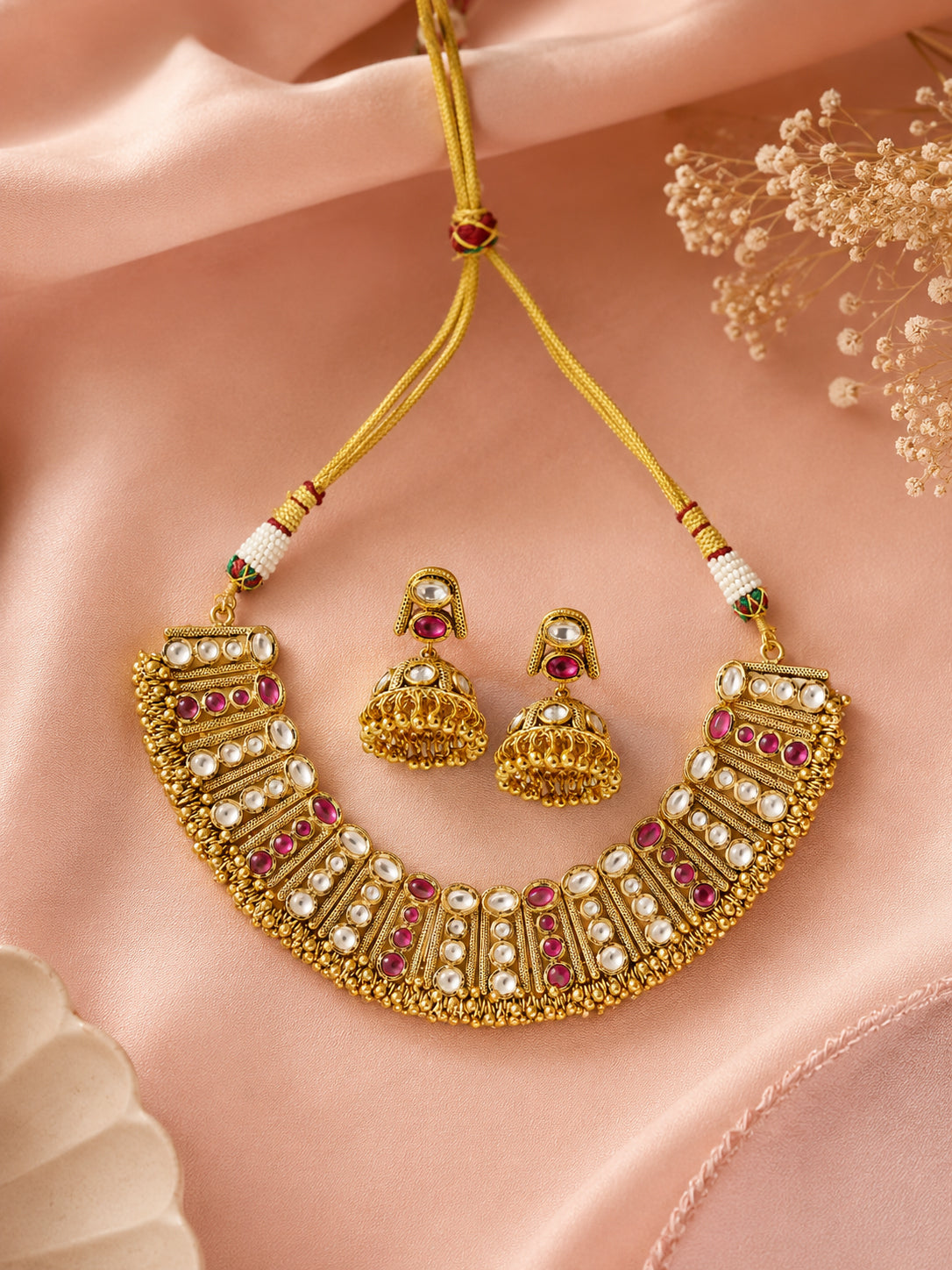 Aanura Antique Gold Ruby & White Stone Choker Set