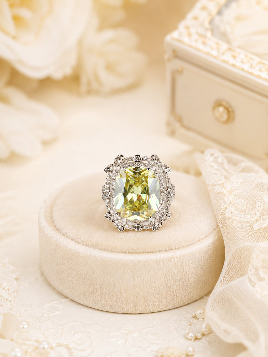 Rhodium Plated Cushion Cocktail Anti-Tarnish Waterproof Ring
