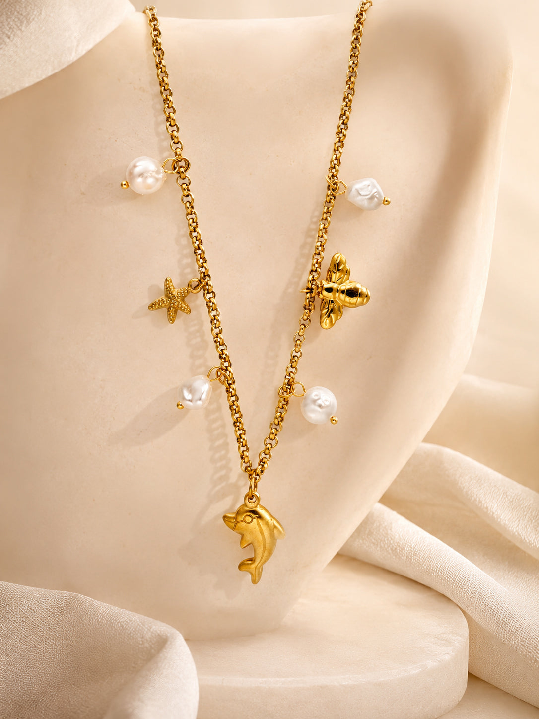 Dolphin & Pearl Charm Necklace with 18K Gold Plating