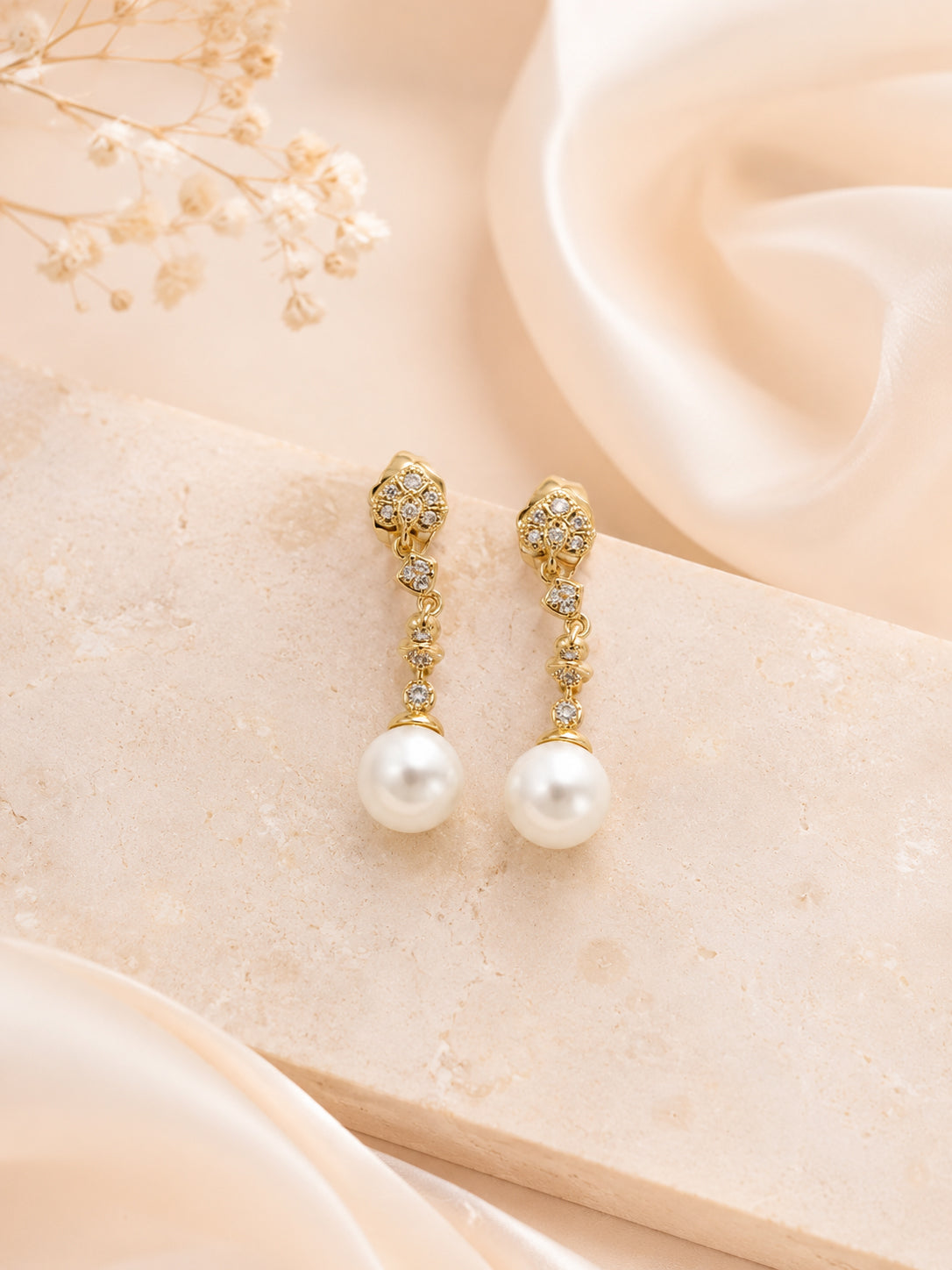 Pearl Drop Earrings with Cubic Zirconia in 18K Gold Plating