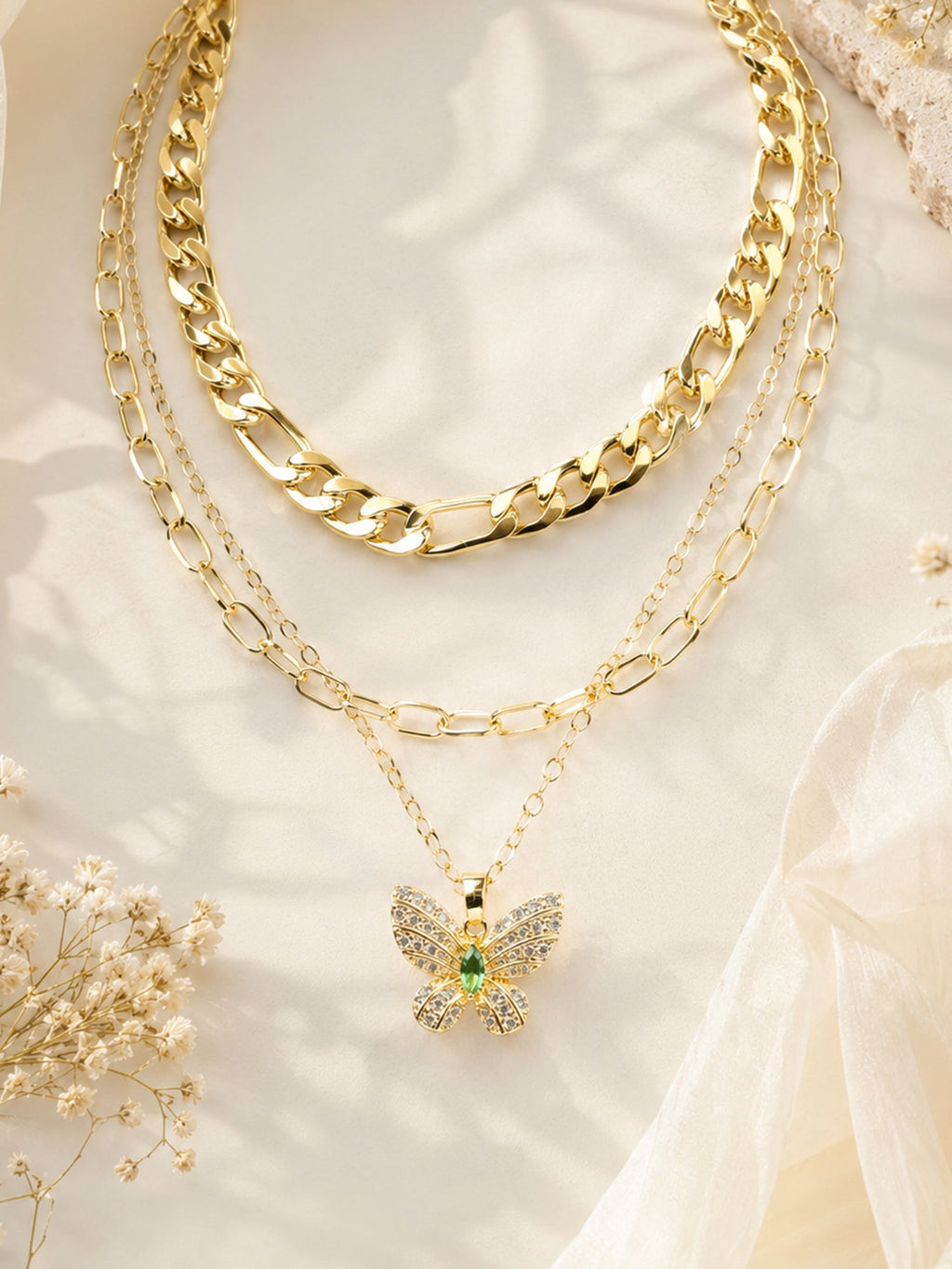 Aanura Gold Layered Butterfly Pendant Necklace